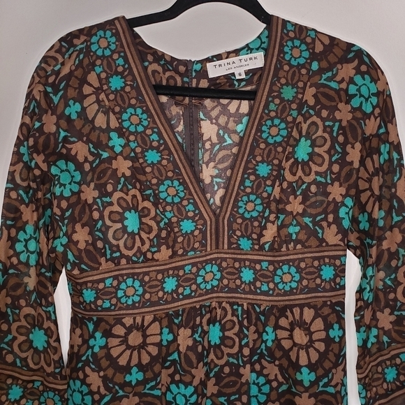 Trina Turk Aqua Brown Boho Retro Floral Print V Neck 3/4 Sleeve A Line Dress 6 - Picture 2 of 5